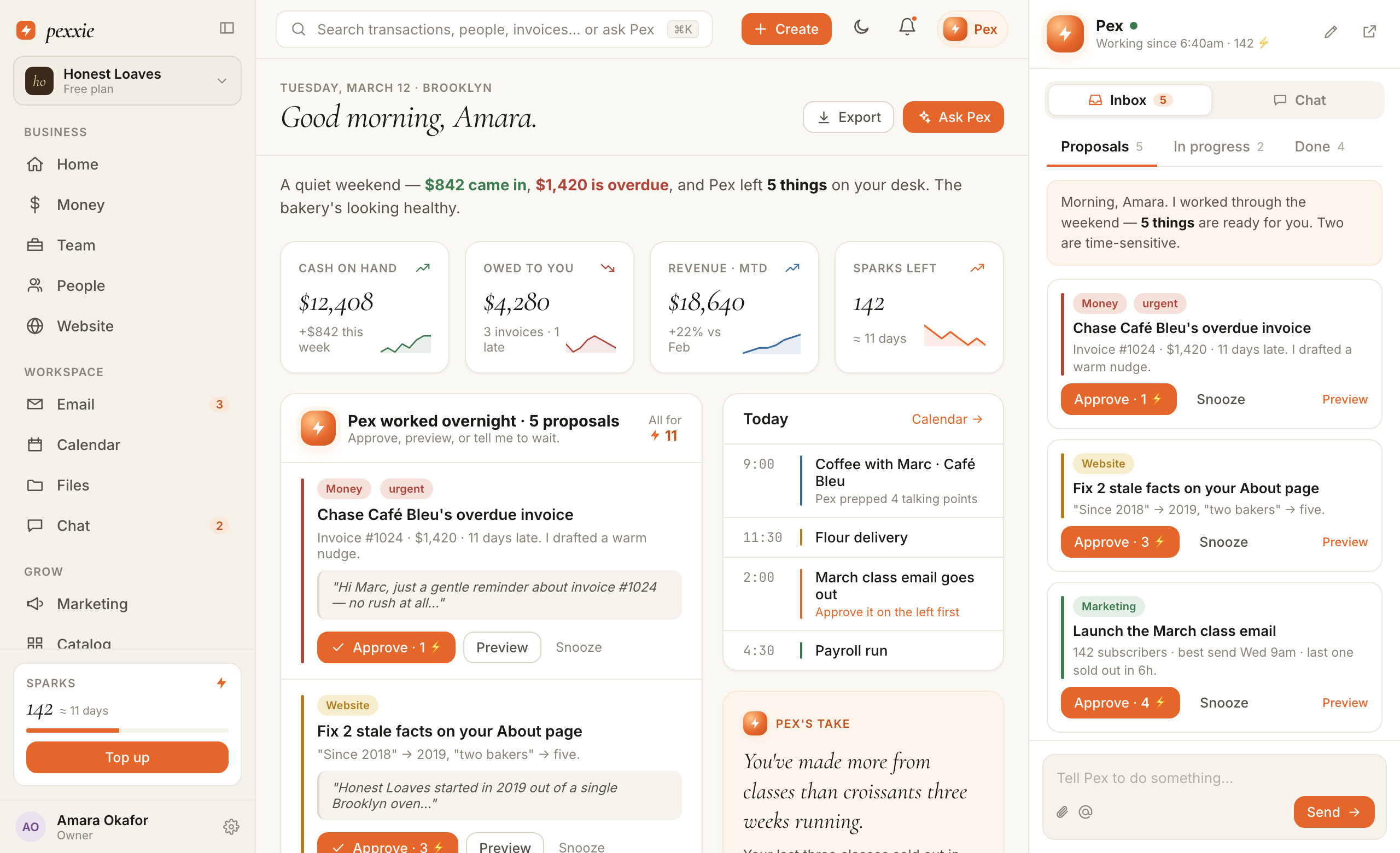 Pexxie dashboard with one place for cash, books, customer records, and Pex proposals.