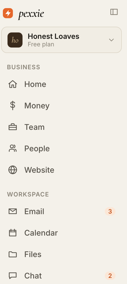 The sidebar: Home, Money, Team, People, Website, Email, Calendar, Files, Chat, Marketing — one login.